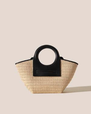 Sacs Fourre Tout Hereu Cala S Raffia Cuir-trimmed Femme Beige Noir | Paris-76HFOLXBK