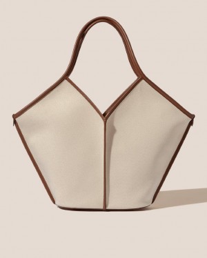 Sacs Fourre Tout Hereu Calella Cuir-trimmed Organic Coton Femme Beige Chocolat | Paris-34HNBLMXG