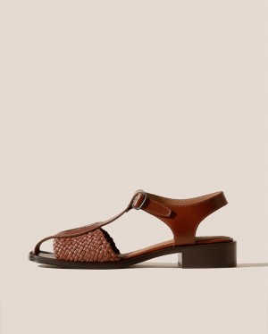 Sandale Hereu Pasqua Woven Panel T-bar Femme Marron Foncé | Paris-95VKXFESH