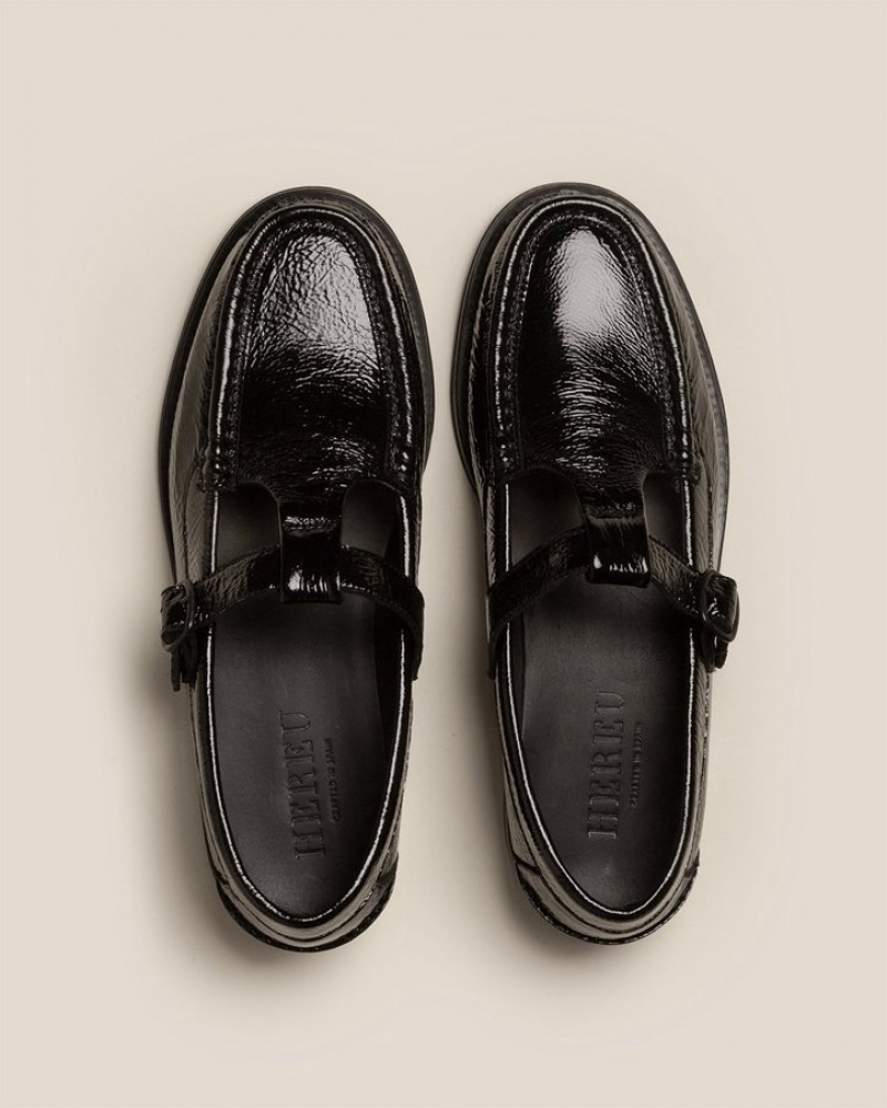 Mocassin Hereu Alber Crinkled Glossy T-bar Homme Noir | Paris-56QHUSGZN