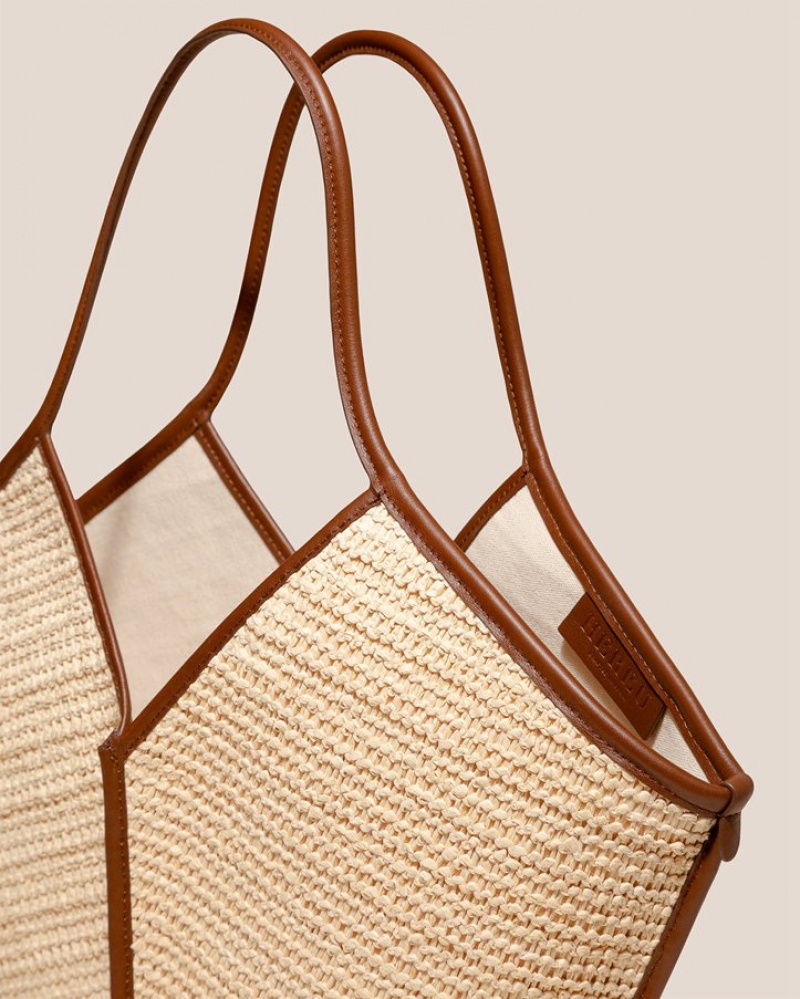 Sacs Fourre Tout Hereu Calella Raffia Cuir-trimmed Femme Beige Marron | Paris-67UOZDRWL