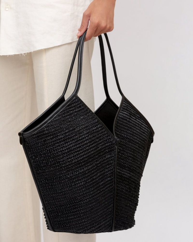 Sacs Fourre Tout Hereu Calella Raffia Cuir-trimmed Femme Noir | Paris-01RIWKCET