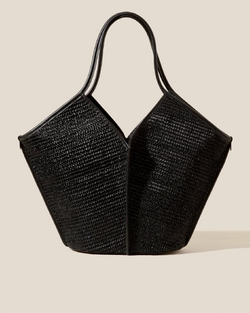 Sacs Fourre Tout Hereu Calella Raffia Cuir-trimmed Femme Noir | Paris-01RIWKCET